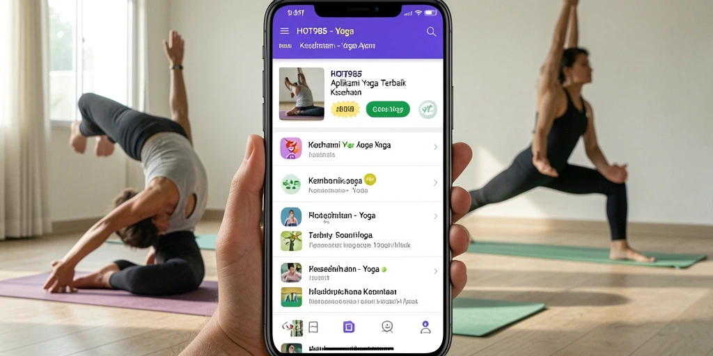 Screenshot aplikasi HOT985 menampilkan antarmuka latihan yoga yang ramah pengguna.